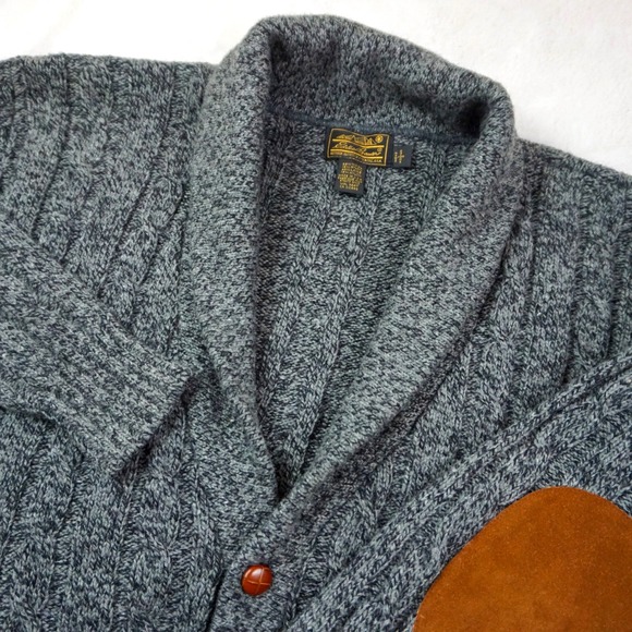 Eddie Bauer USA Wool Blend Cable Knit Shawl Cardigan Elbow Patch Sweater Men L - Picture 1 of 10